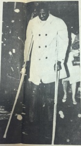Bob Lanier on crutches after tearing his ACL versus Villanova (Photo from SBU Archives)